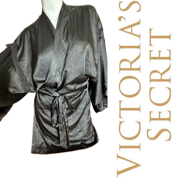 Vintage Victoria’s Secret Black Satin & Lace Belted Kimono Dressing Gown Robe M - Picture 4 of 13